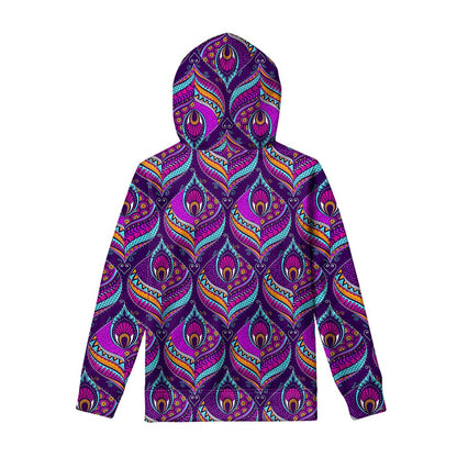 Purple Bohemian Peacock Feather Print Pullover Hoodie