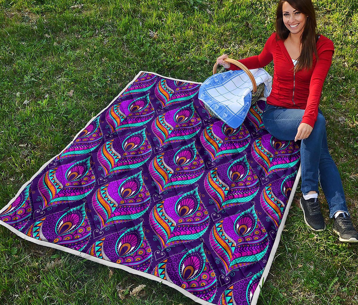 Purple Bohemian Peacock Feather Print Quilt