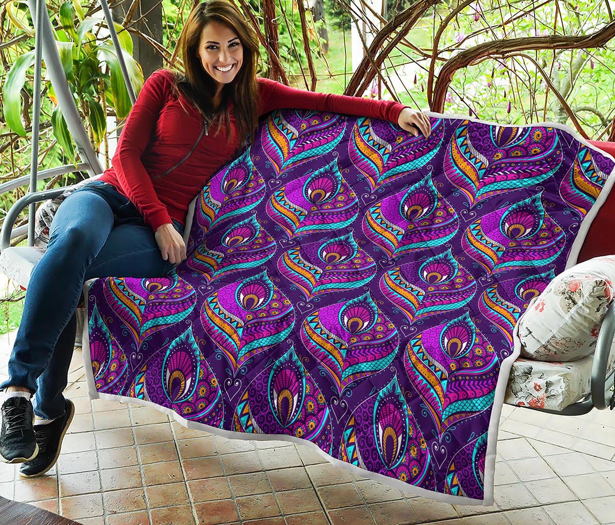 Purple Bohemian Peacock Feather Print Quilt