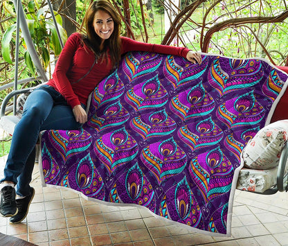 Purple Bohemian Peacock Feather Print Quilt