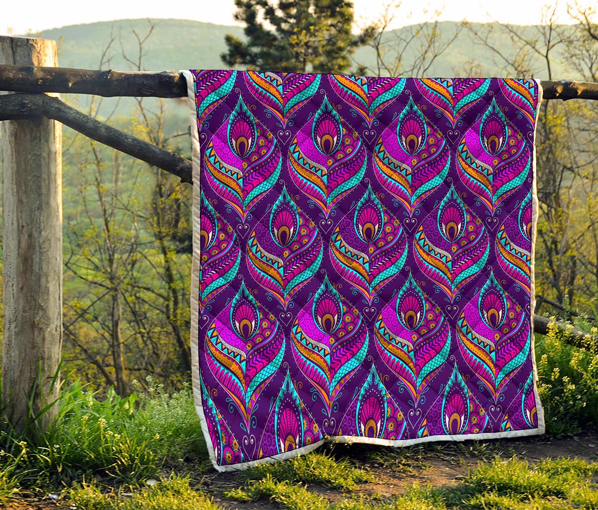 Purple Bohemian Peacock Feather Print Quilt