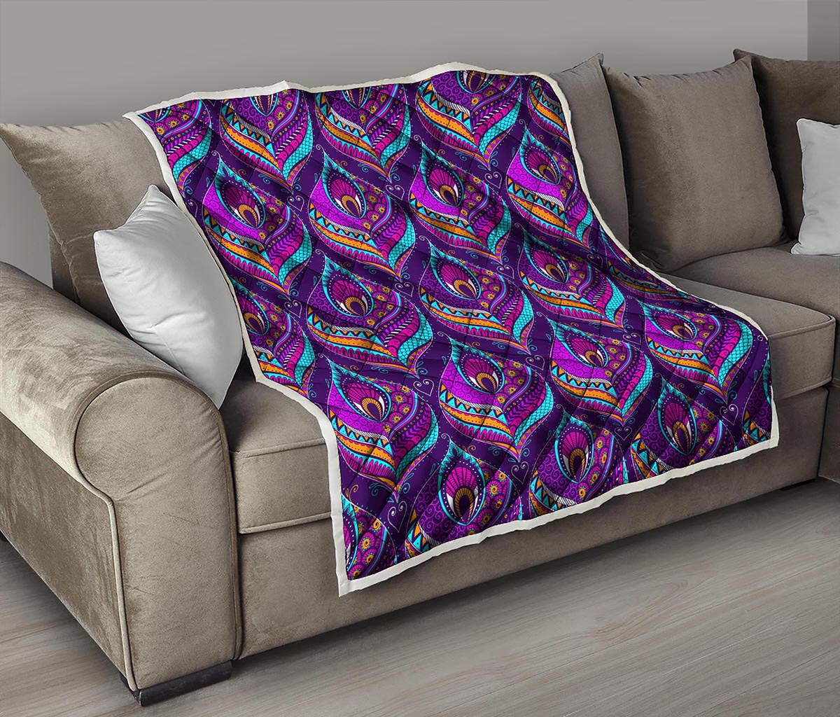 Purple Bohemian Peacock Feather Print Quilt