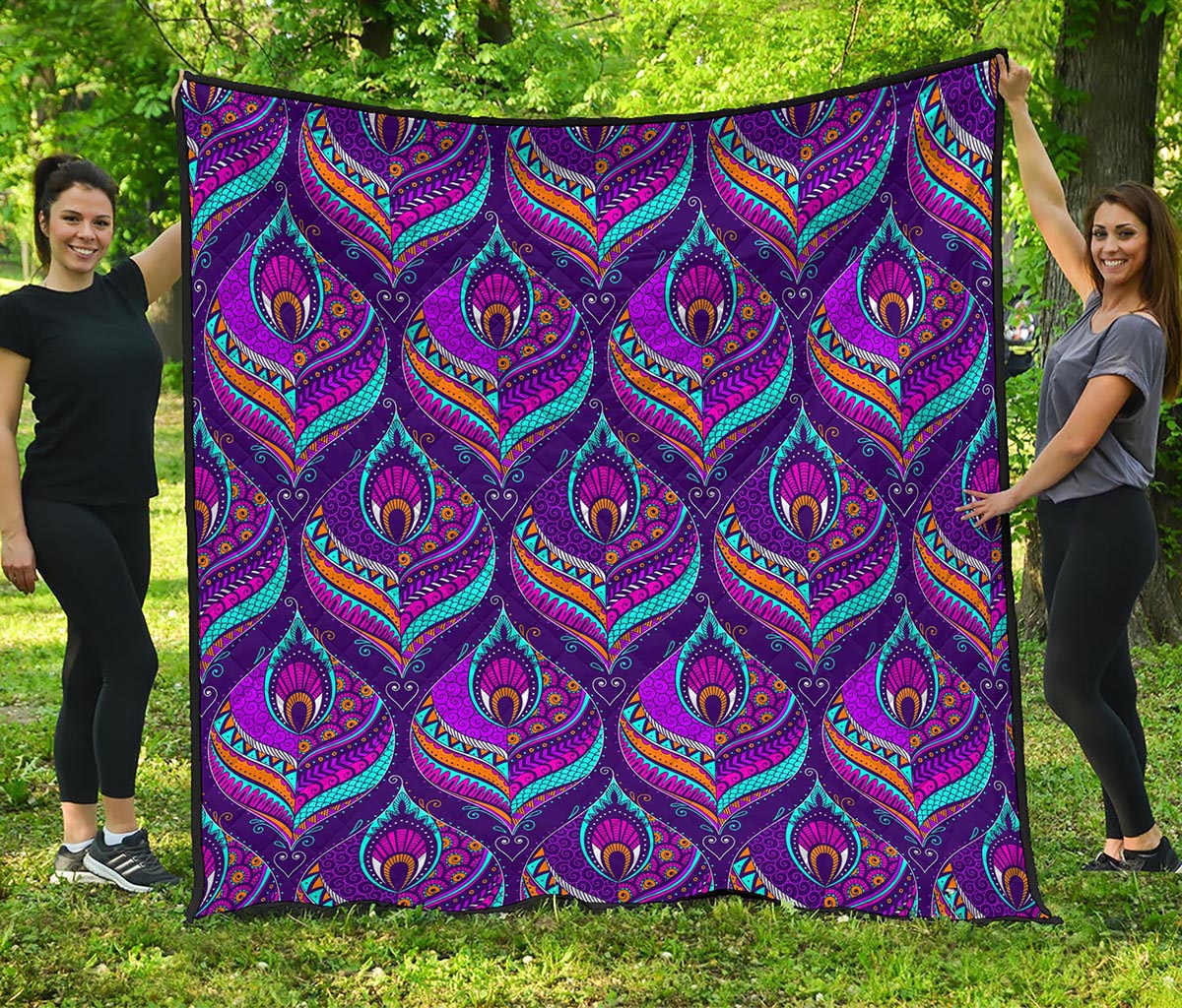 Purple Bohemian Peacock Feather Print Quilt