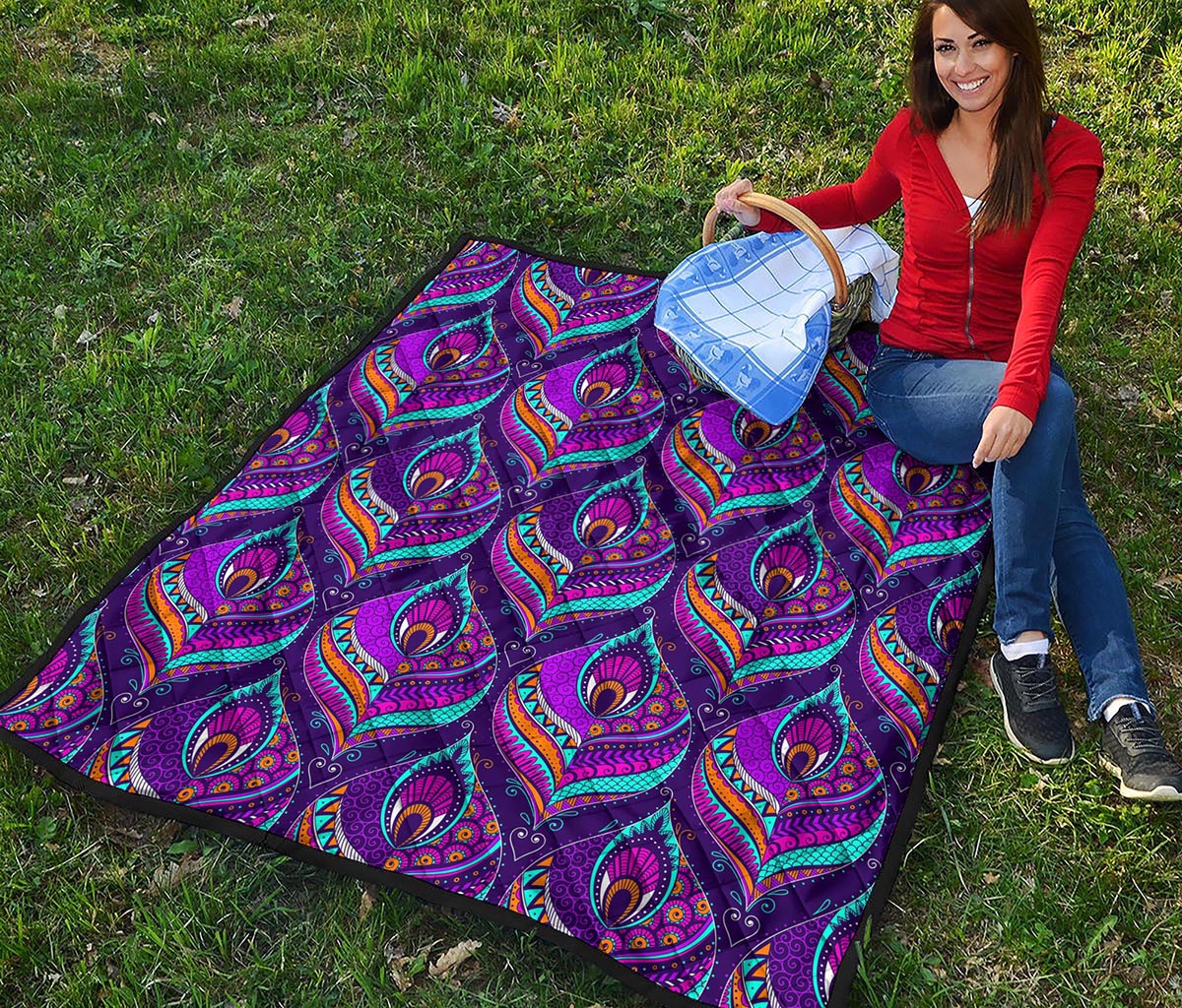 Purple Bohemian Peacock Feather Print Quilt