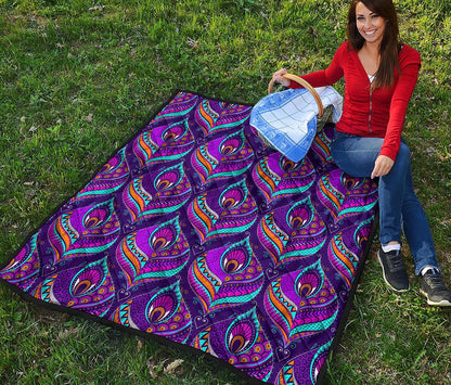 Purple Bohemian Peacock Feather Print Quilt