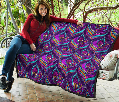 Purple Bohemian Peacock Feather Print Quilt