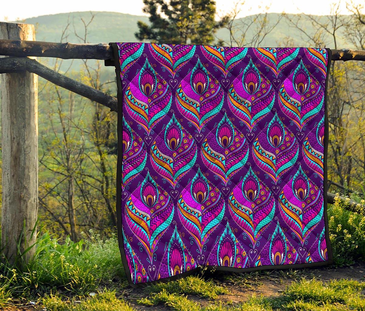 Purple Bohemian Peacock Feather Print Quilt