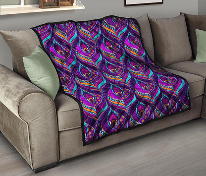 Purple Bohemian Peacock Feather Print Quilt