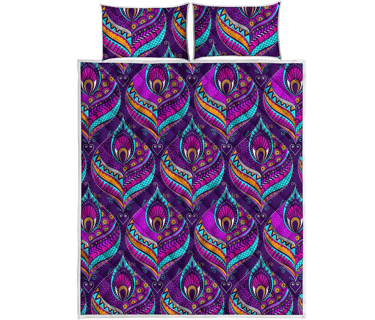 Purple Bohemian Peacock Feather Print Quilt Bed Set