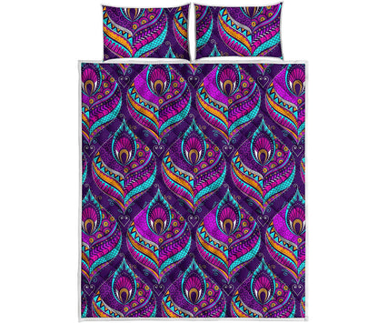 Purple Bohemian Peacock Feather Print Quilt Bed Set