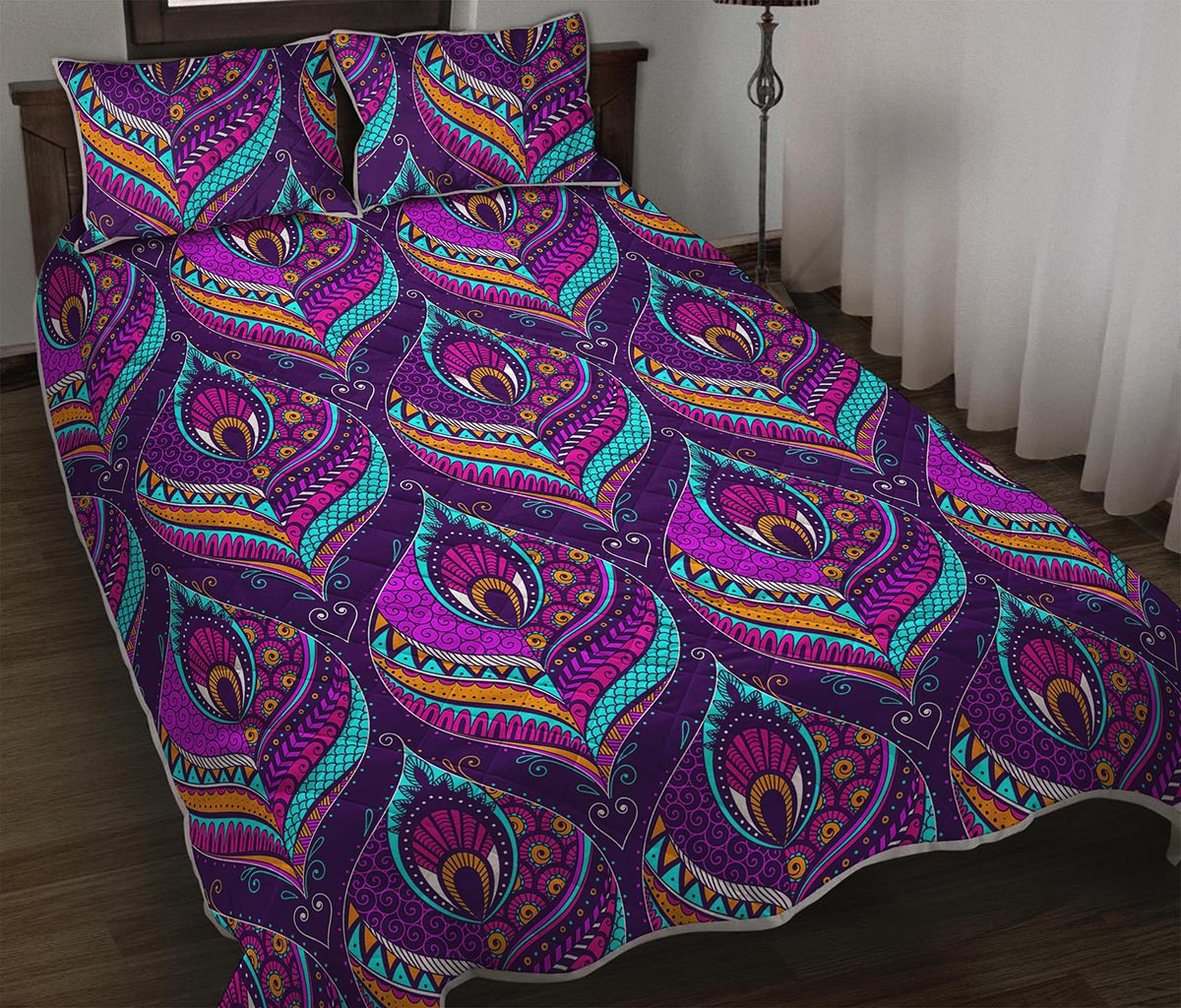 Purple Bohemian Peacock Feather Print Quilt Bed Set