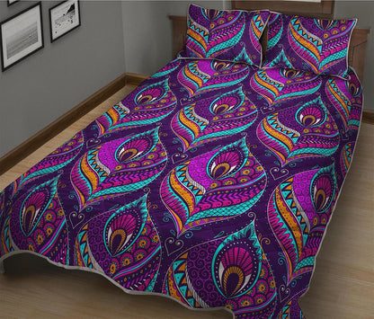 Purple Bohemian Peacock Feather Print Quilt Bed Set