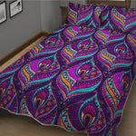 Purple Bohemian Peacock Feather Print Quilt Bed Set