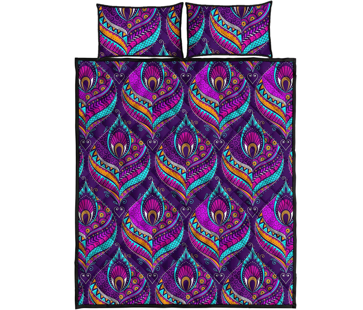 Purple Bohemian Peacock Feather Print Quilt Bed Set