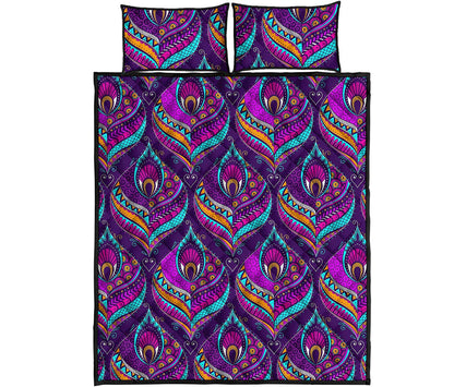 Purple Bohemian Peacock Feather Print Quilt Bed Set
