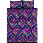 Purple Bohemian Peacock Feather Print Quilt Bed Set