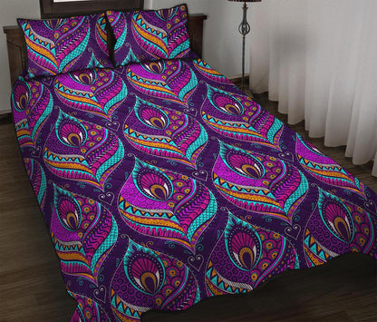 Purple Bohemian Peacock Feather Print Quilt Bed Set