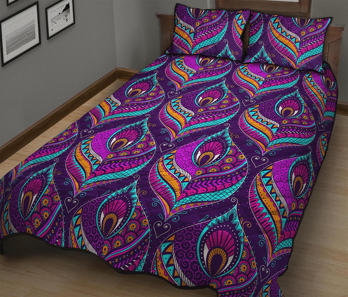 Purple Bohemian Peacock Feather Print Quilt Bed Set