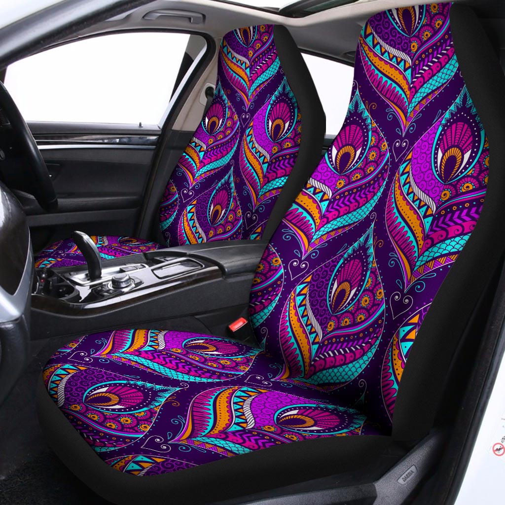 Purple Bohemian Peacock Feather Print Universal Fit Car Seat Covers