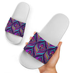 Purple Bohemian Peacock Feather Print White Slide Sandals