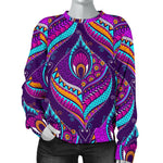 Purple Bohemian Peacock Feather Print Women's Crewneck Sweatshirt GearFrost