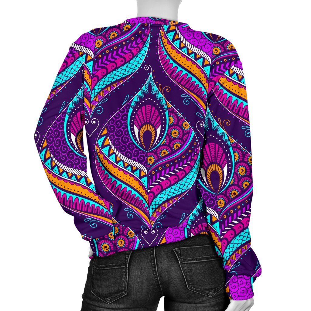 Purple Bohemian Peacock Feather Print Women's Crewneck Sweatshirt GearFrost