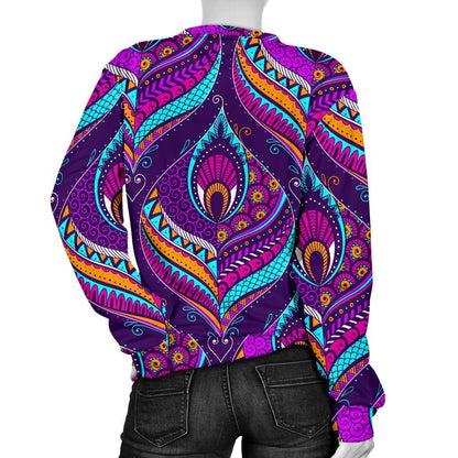 Purple Bohemian Peacock Feather Print Women's Crewneck Sweatshirt GearFrost
