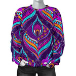 Purple Bohemian Peacock Feather Print Women's Crewneck Sweatshirt GearFrost