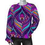 Purple Bohemian Peacock Feather Print Women's Crewneck Sweatshirt GearFrost