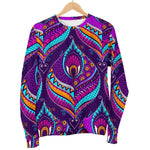 Purple Bohemian Peacock Feather Print Women's Crewneck Sweatshirt GearFrost