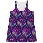 Purple Bohemian Peacock Feather Print Women's Racerback Tank Top