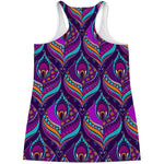 Purple Bohemian Peacock Feather Print Women's Racerback Tank Top