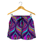 Purple Bohemian Peacock Feather Print Women's Shorts
