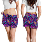 Purple Bohemian Peacock Feather Print Women's Shorts