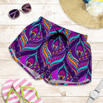 Purple Bohemian Peacock Feather Print Women's Shorts