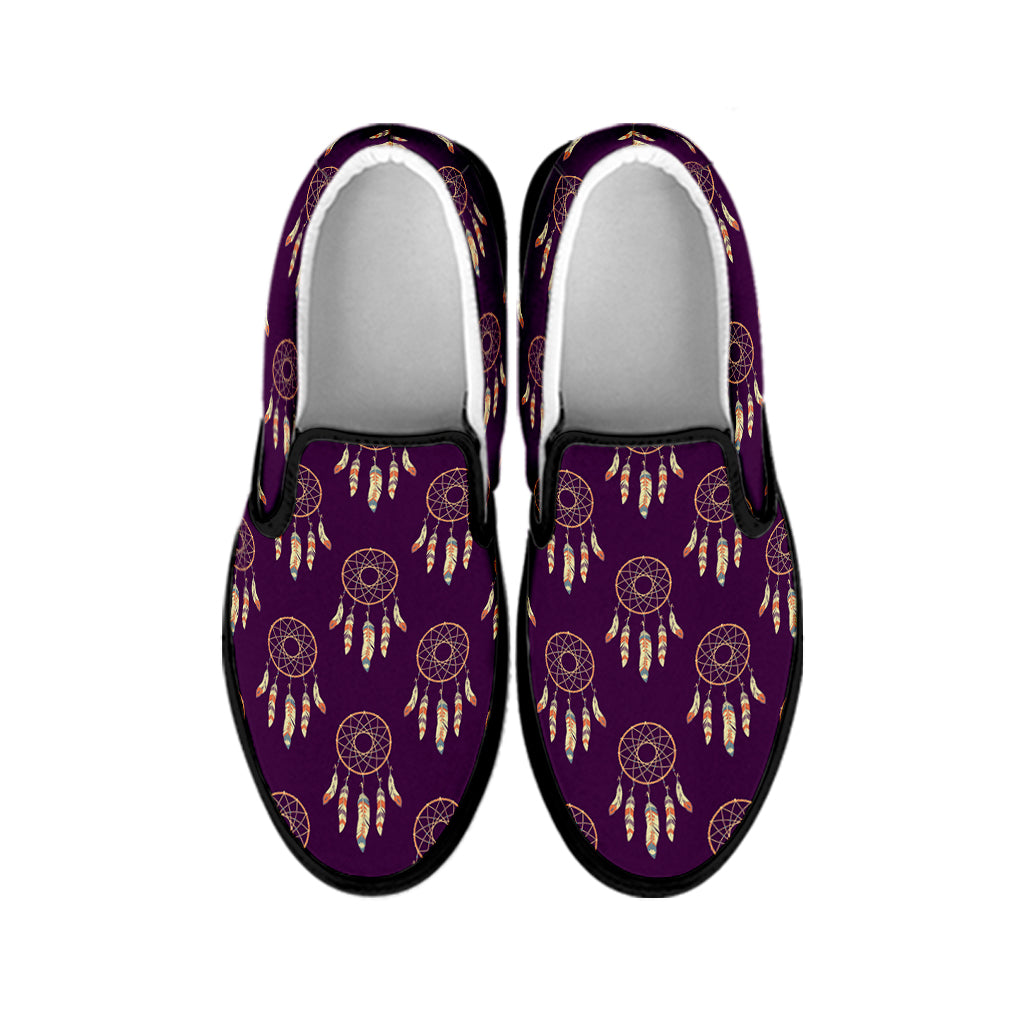 Purple Boho Dream Catcher Pattern Print Black Slip On Shoes