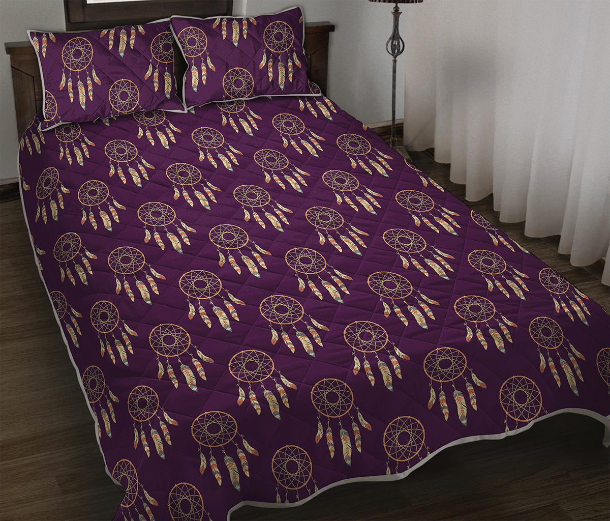 Purple Boho Dream Catcher Pattern Print Quilt Bed Set