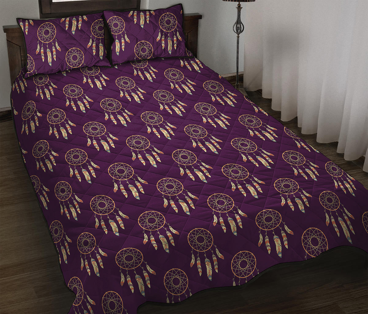 Purple Boho Dream Catcher Pattern Print Quilt Bed Set