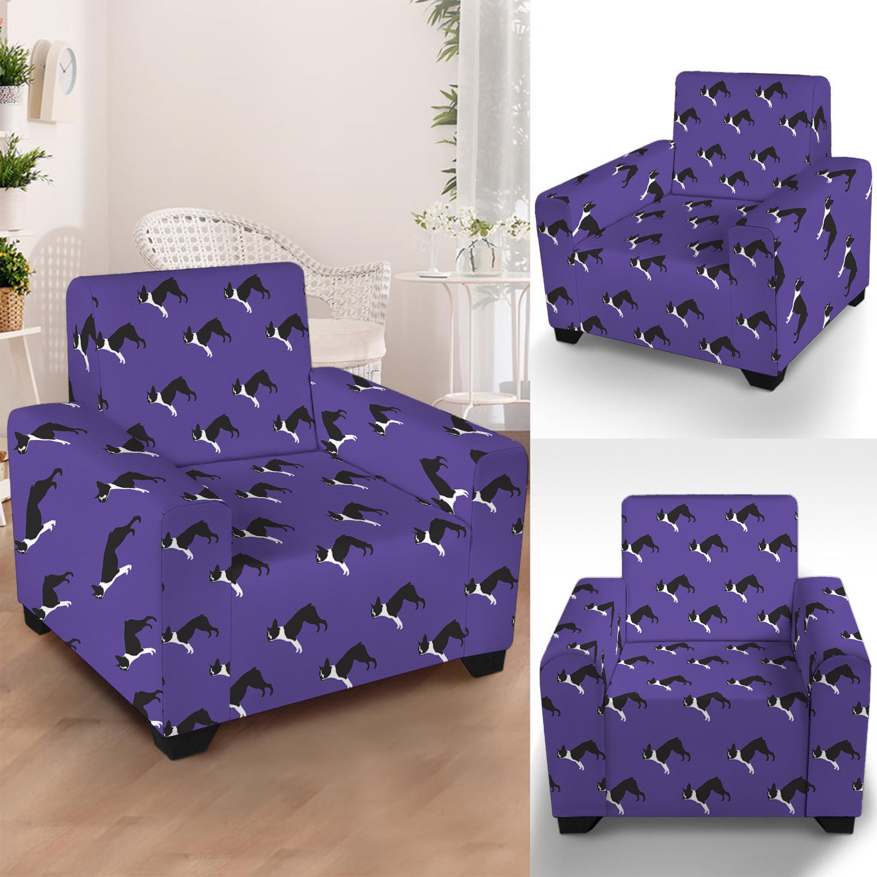 Purple Boston Terrier Pattern Print Armchair Slipcover