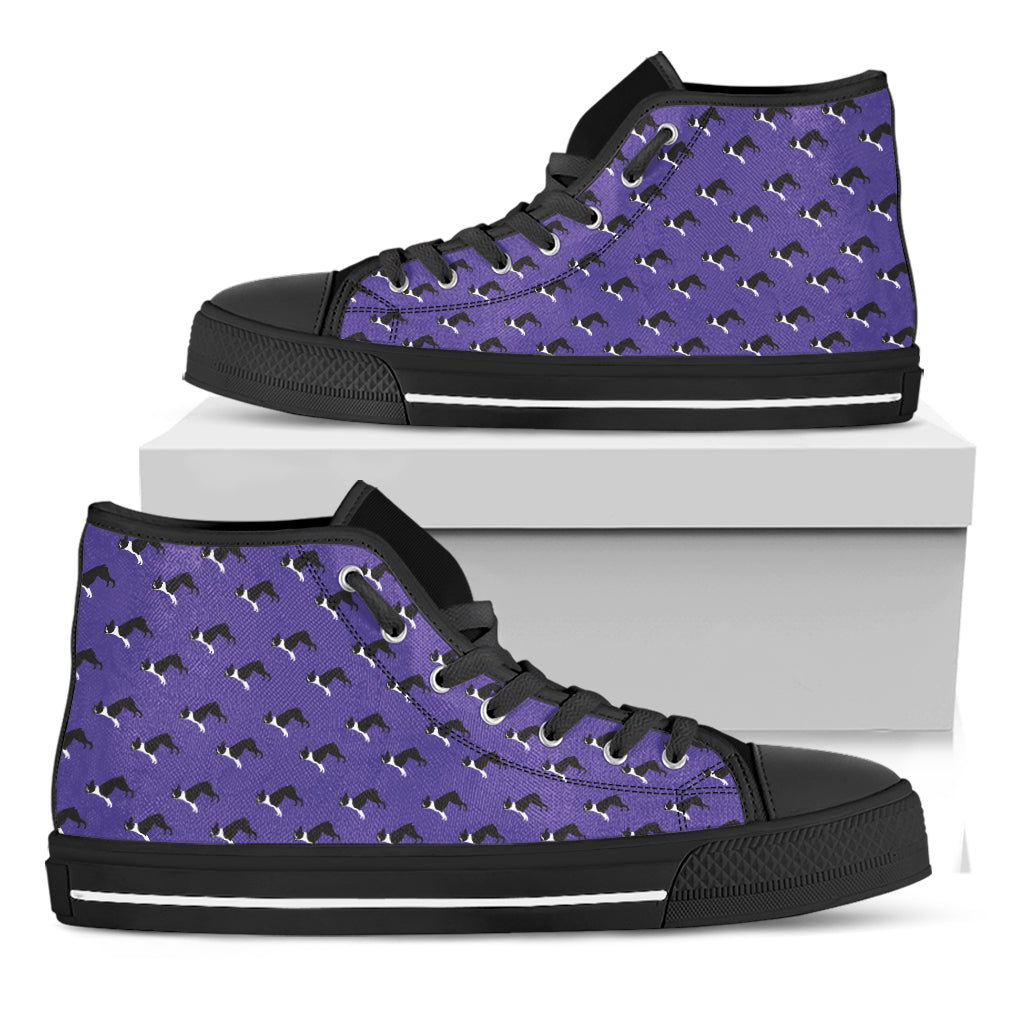 Purple Boston Terrier Pattern Print Black High Top Shoes