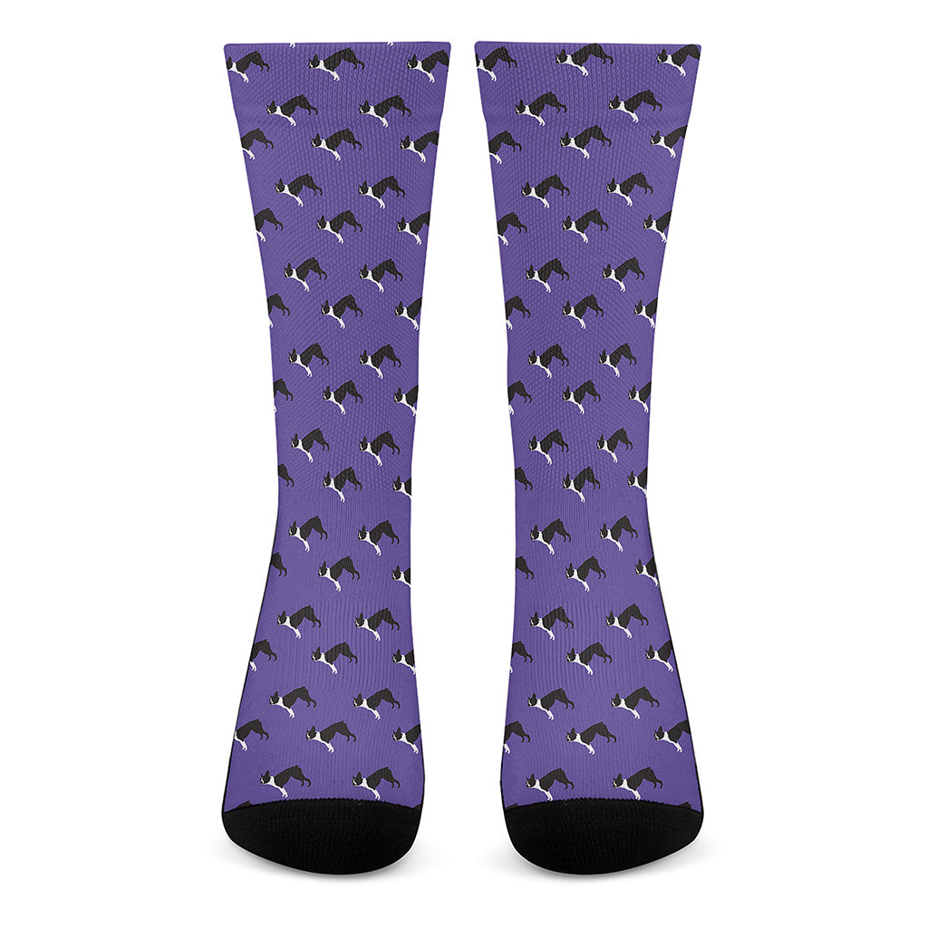 Purple Boston Terrier Pattern Print Crew Socks