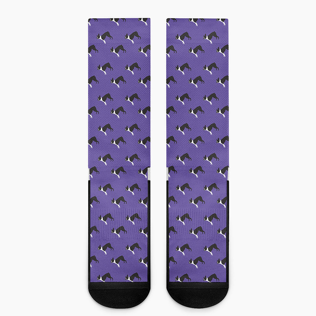 Purple Boston Terrier Pattern Print Crew Socks