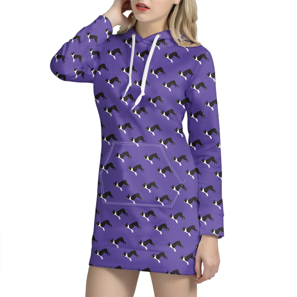 Purple Boston Terrier Pattern Print Hoodie Dress