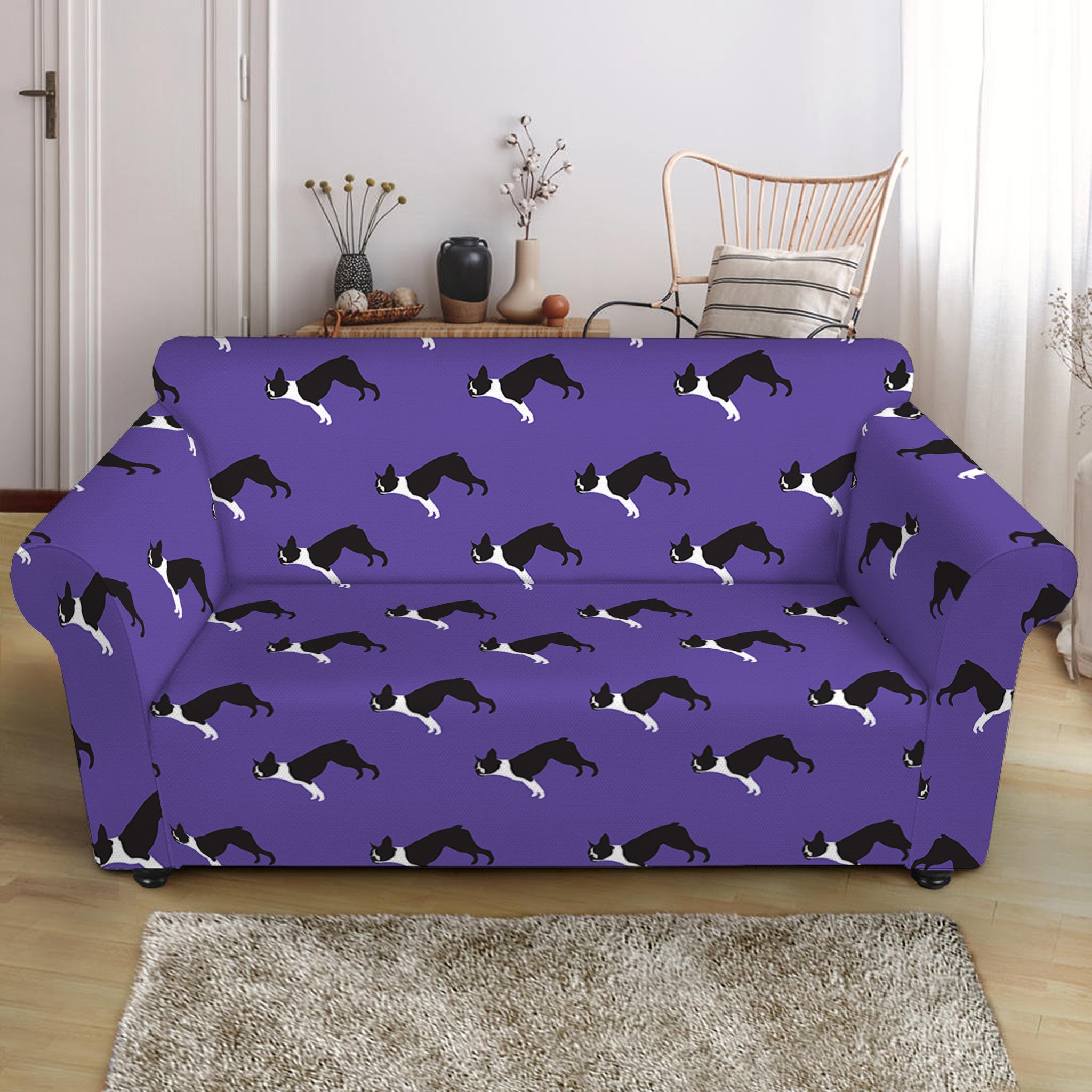 Purple Boston Terrier Pattern Print Loveseat Slipcover