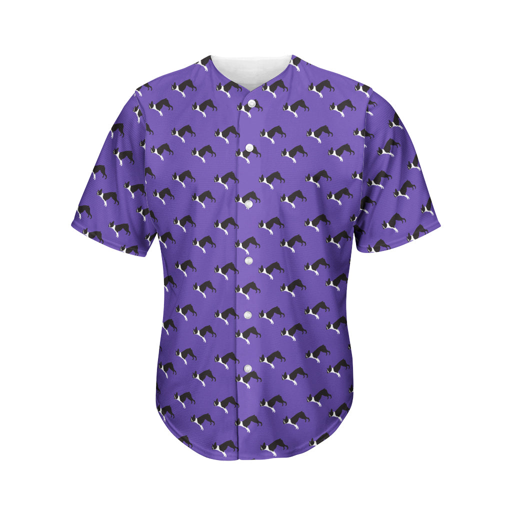 Purple Boston Terrier Pattern Print Men's Baseball Jersey