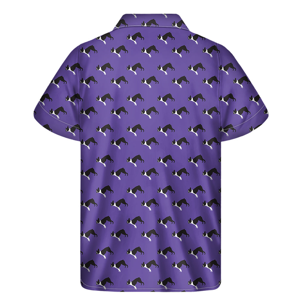 Purple Boston Terrier Pattern Print Men's Short Sleeve Shirt