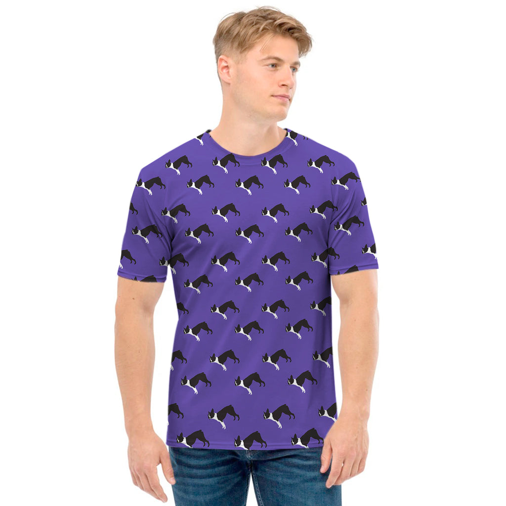 Purple Boston Terrier Pattern Print Men's T-Shirt