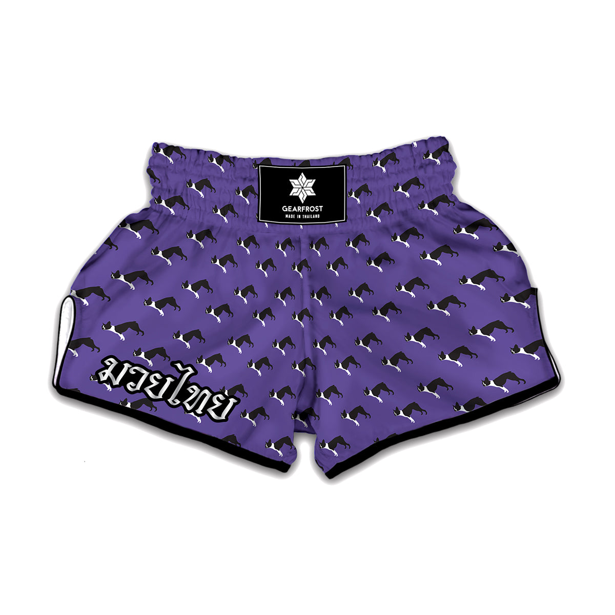 Purple Boston Terrier Pattern Print Muay Thai Boxing Shorts