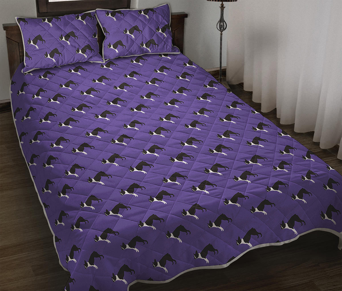 Purple Boston Terrier Pattern Print Quilt Bed Set
