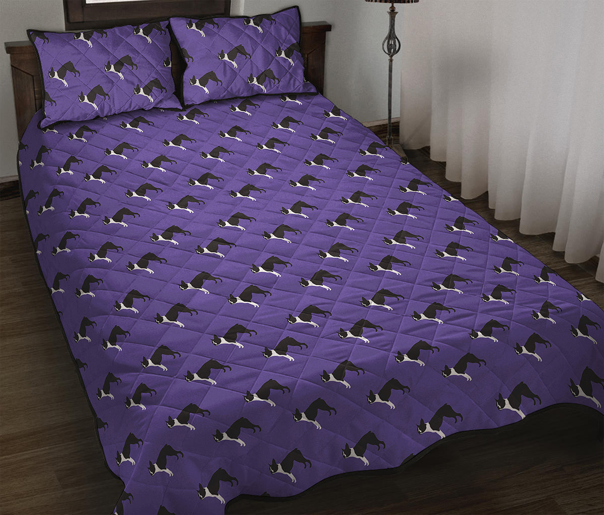 Purple Boston Terrier Pattern Print Quilt Bed Set